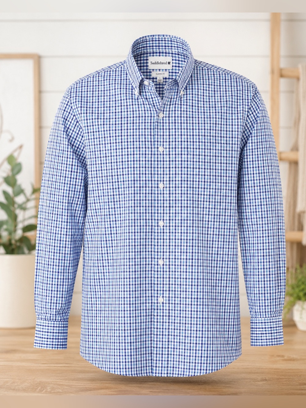Saddlebred Size Large Blue Green White Checked Button-Down Cotton/Poly Shirt